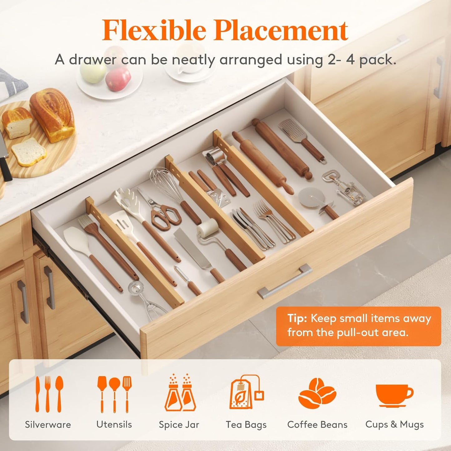 Lifewit 6 Pack Drawer Dividers Bamboo 2.4" High, 16-22" Adjustable Drawer Organizers for Clothes, Wooden Dresser Separators in Bedroom/Bathroom/Kitchen/Fridge/Office Organization and Storage