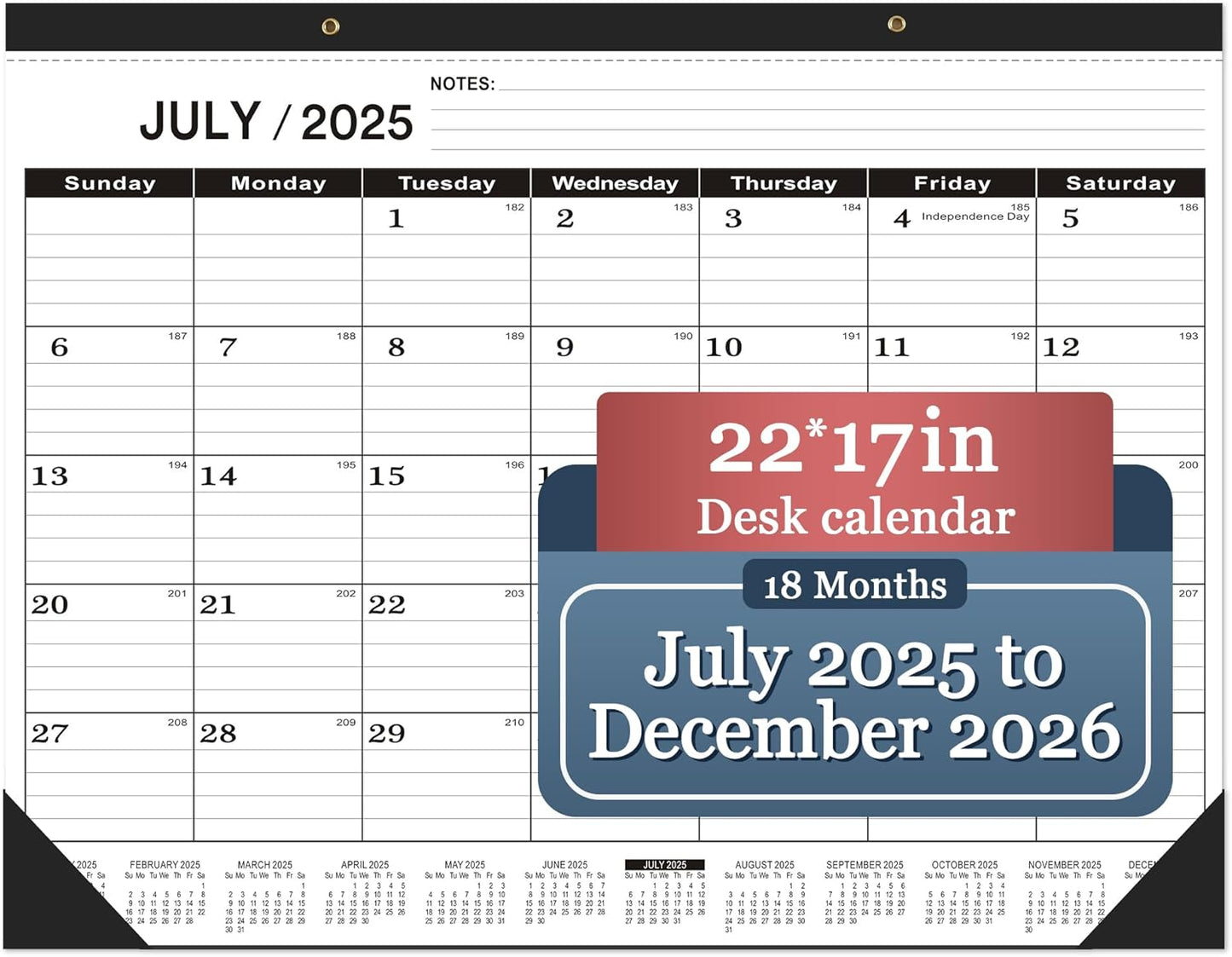 Desk Calendar 2025-2026 large 22 x17 (July 2025-December 2026) 2025-2026 Desk Calendar Large 22 x17,Classic Black Calendar 2025,Large Desktop Calendar 2026 with Plastic Cover