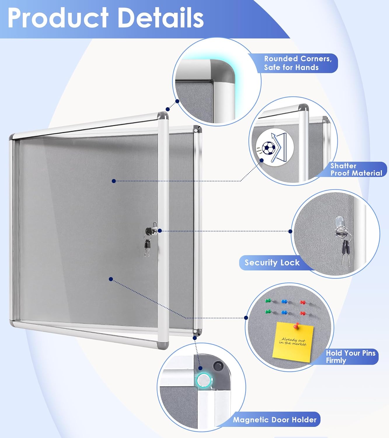 SWANCROWN Enclosed Bulletin Pin Fabric Boards Tamperproof Notice Case for Message Memo Photo,Grey,28x26inch (6xA4)
