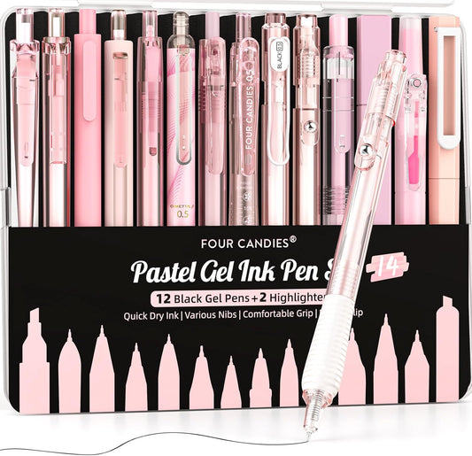 Four Candies 14Pack Pastel Gel Ink Pen Set,Cute Retractable 0.5mm Fine Point Pen,Note Taking Aesthetic Pens,12 Pack Black Ink Pens with 2Pack Highlighter, Smooth Writing Pens for School, Office (Pink)