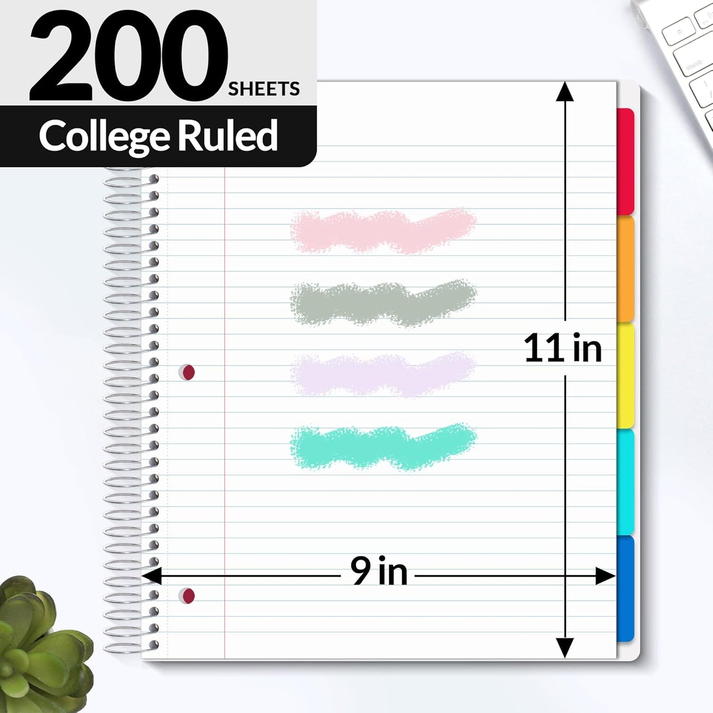 SUNEE 5 Subject Notebook College Ruled - 400 Pages, 9"x11", 5 Pocket Colored Dividers, 3-Hole Punched Paper, White