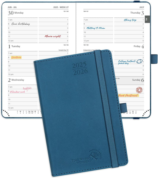 POPRUN Pocket Planner 2025-2026 (Purse Size 4'' x 6.25'') Academic Small Calendar (July 2025 - June 2026) with Hourly Time Slots, 100GSM Thick Papers, Leather Soft Cover - Night Sky Blue
