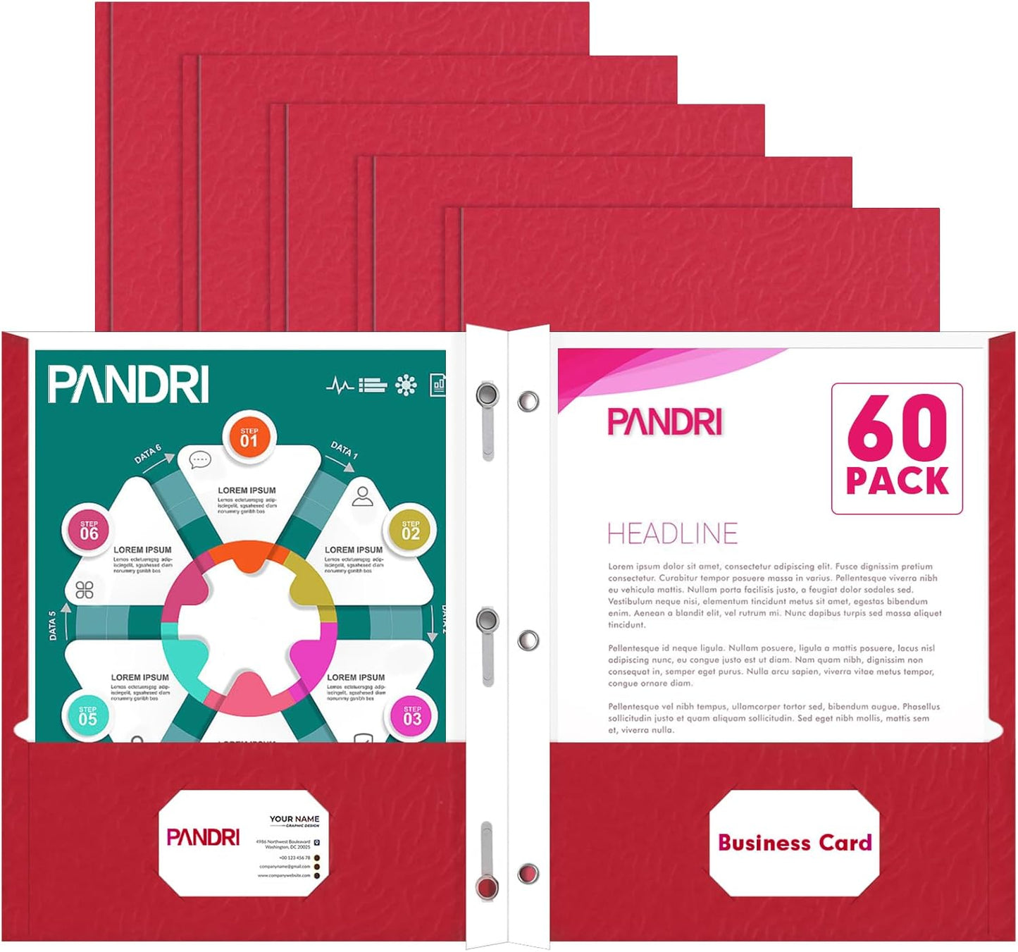 Two Pocket Folders, PANDRI 60 Pack Two Pocket Folders with Prongs, 3 Prong Folders Designed for Office and Classroom, Letter Size Red