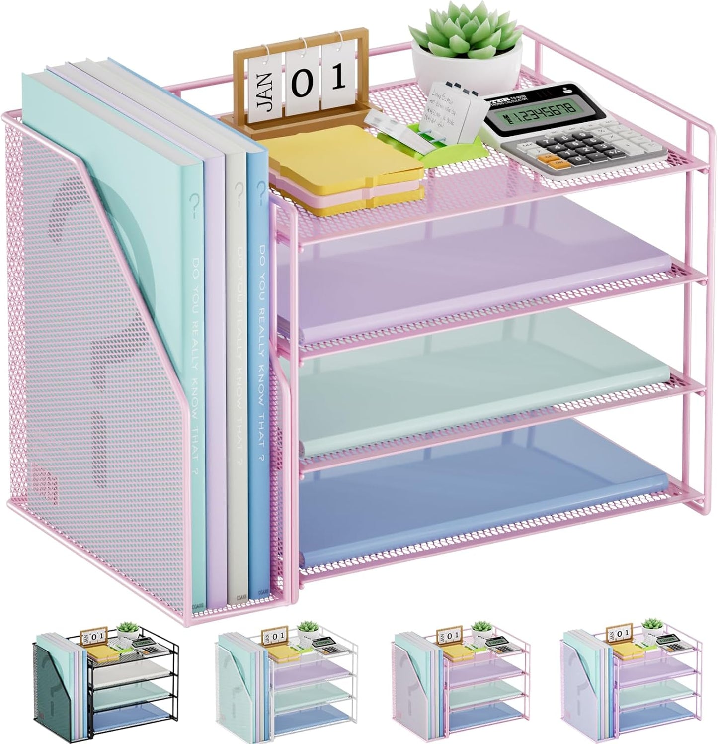 Marbrasse Desk Organizer and Accessories，4-Tier Paper Letter Tray Organizer with File Holder，Desk Accessories & Workspace Desktop Organizers for School Home Office Supplies (Pink)