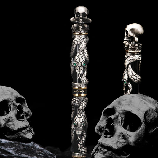 Jinhao Black Snake Fountain Pen Fine Nib with Skull Head Solid Metal