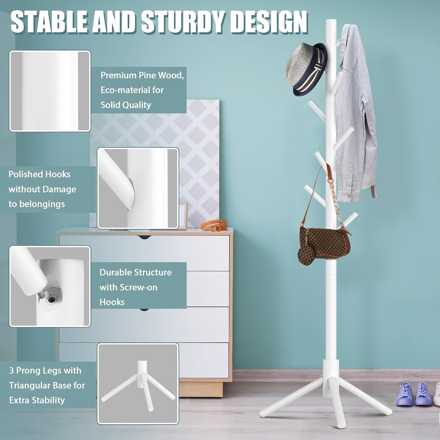 Haddockway Wooden Coat Rack Stand with 8 Hooks New Zealand Pine 3 Adjustable Coat Standing Tree Easy Assembly for Coats, Hats, Scarves and Handbags for Entryway, Hallway, Bedroom, Office, white