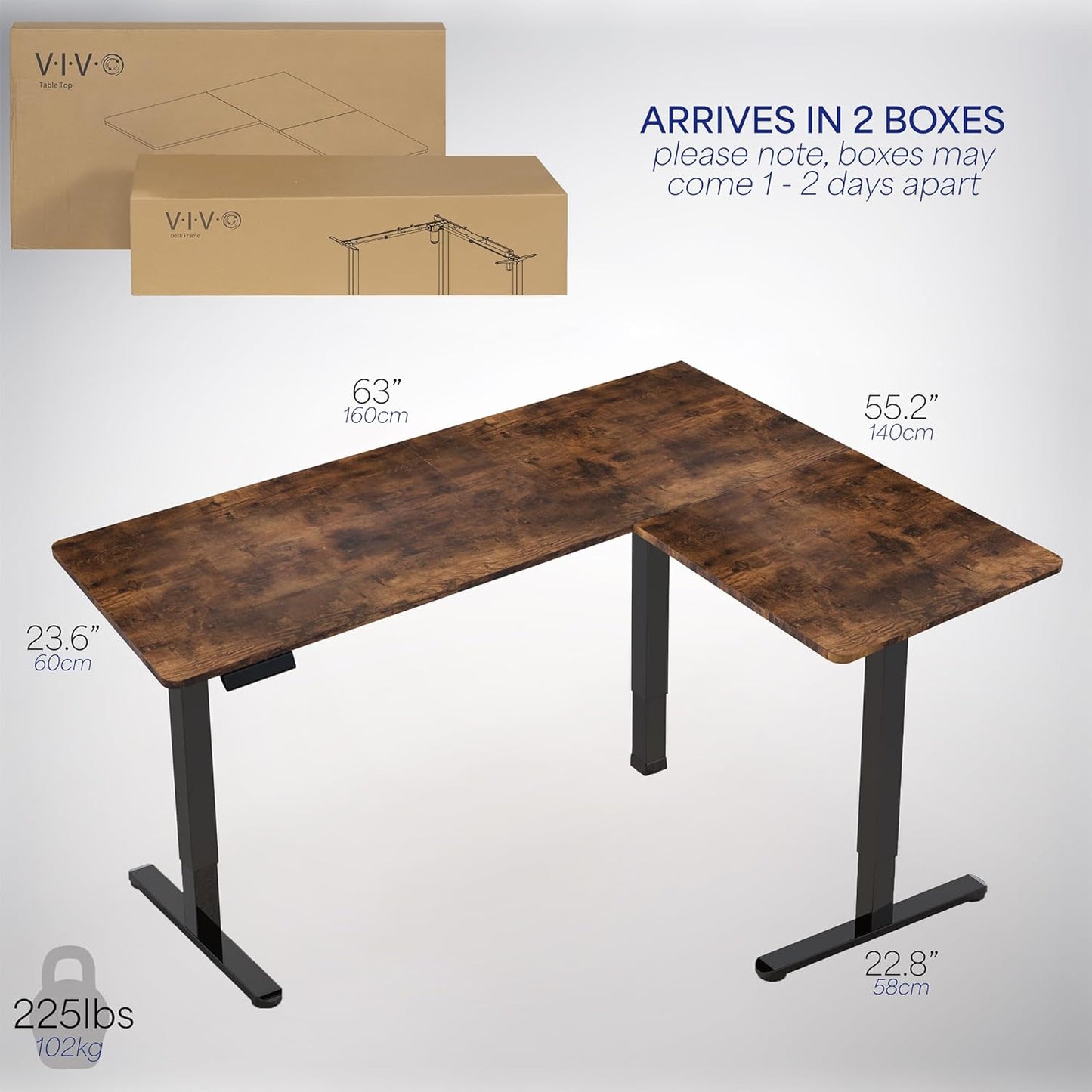 VIVO Electric Corner L-Shaped 63 x 55 in Rustic Standing Desk, Memory Height Adjustment, Vintage Brown Top Black Frame, DESK-E3CTN