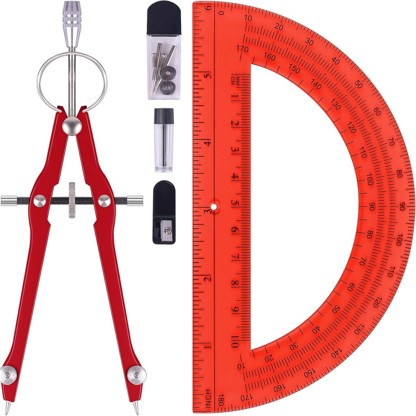 Compass and Protractor Set, Professional Drawing Compass Tool, Metal Compass with Extra Refills, Compass for Geometry and 6 Inch Math Protractors 180 Degree (Red)