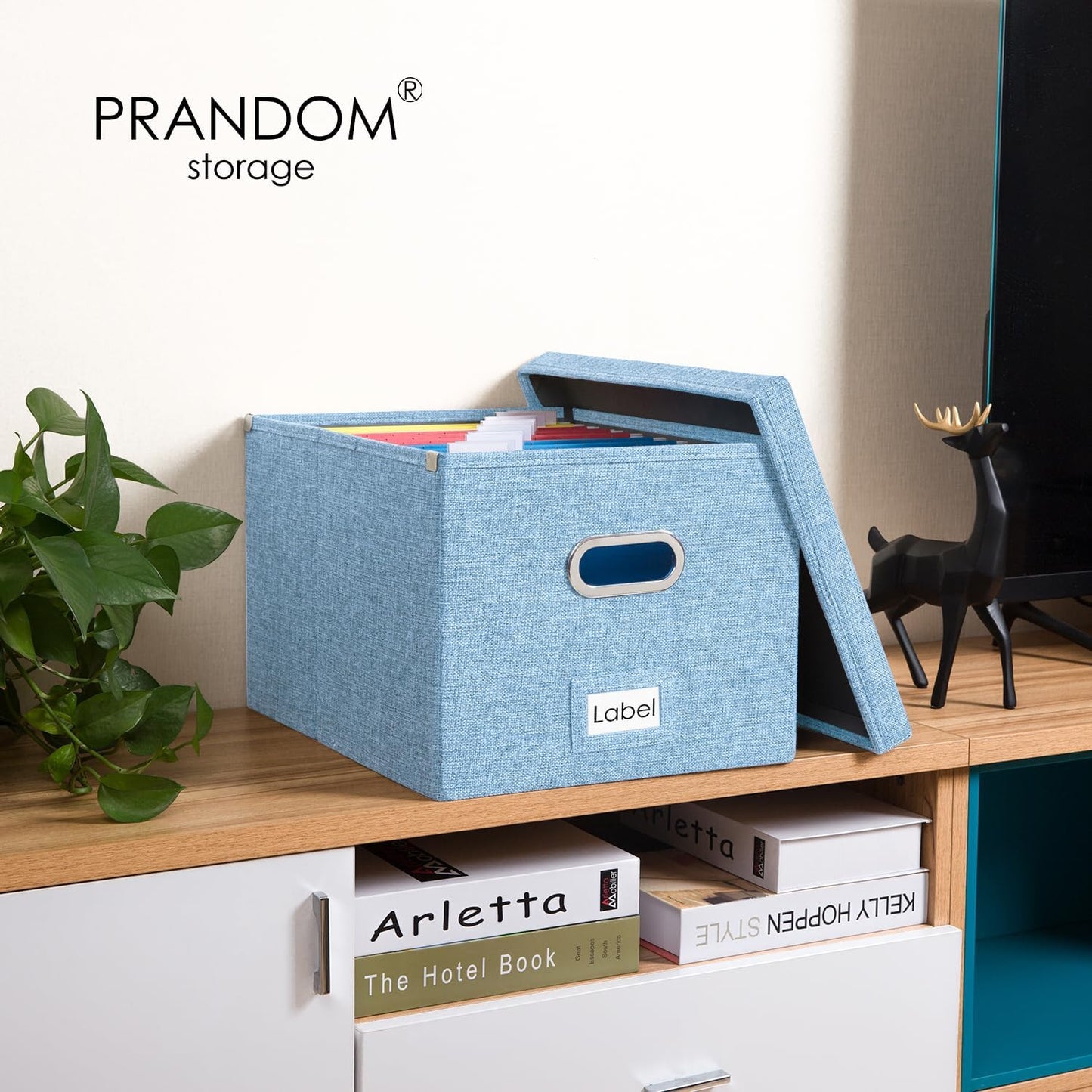 PRANDOM File Organizer Box - Set of 2 Collapsible Decorative Linen Filing Storage Hanging File Folders with Lids Office Cabinet Letter/Legal Size Blue (17x14x11.2 inch)