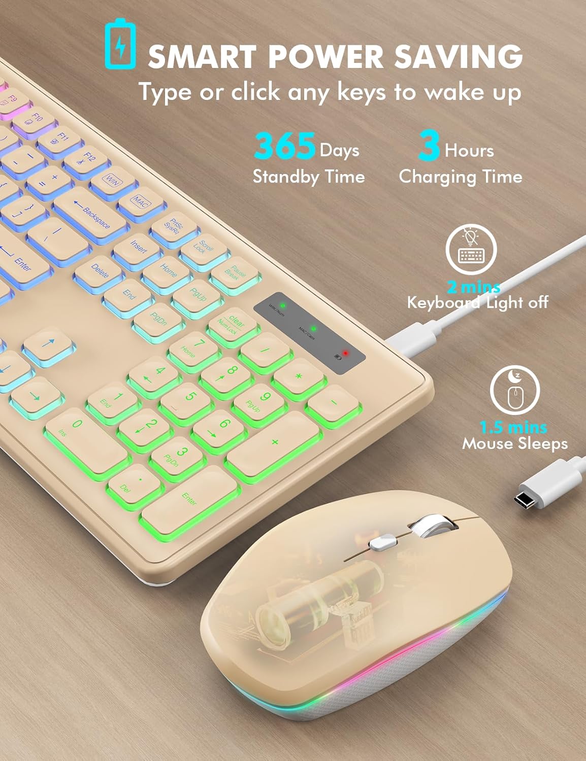 Wireless Keyboard and Mouse Combo - RGB Backlit, Rechargeable & Light Up Letters, Full-Size, Ergonomic Tilt Angle, Sleep Mode, 2.4GHz Quiet Keyboard Mouse for Mac, Windows, Laptop, PC