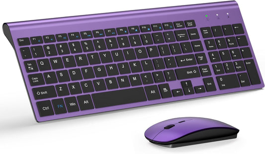 Wireless Keyboard and Mouse Ultra Slim Combo, TopMate 2.4G Silent Compact USB 2400DPI Mouse and Scissor Switch Keyboard Set with Cover, 2 AA and 2 AAA Batteries, for PC/Laptop/Windows/Mac-Purple Black