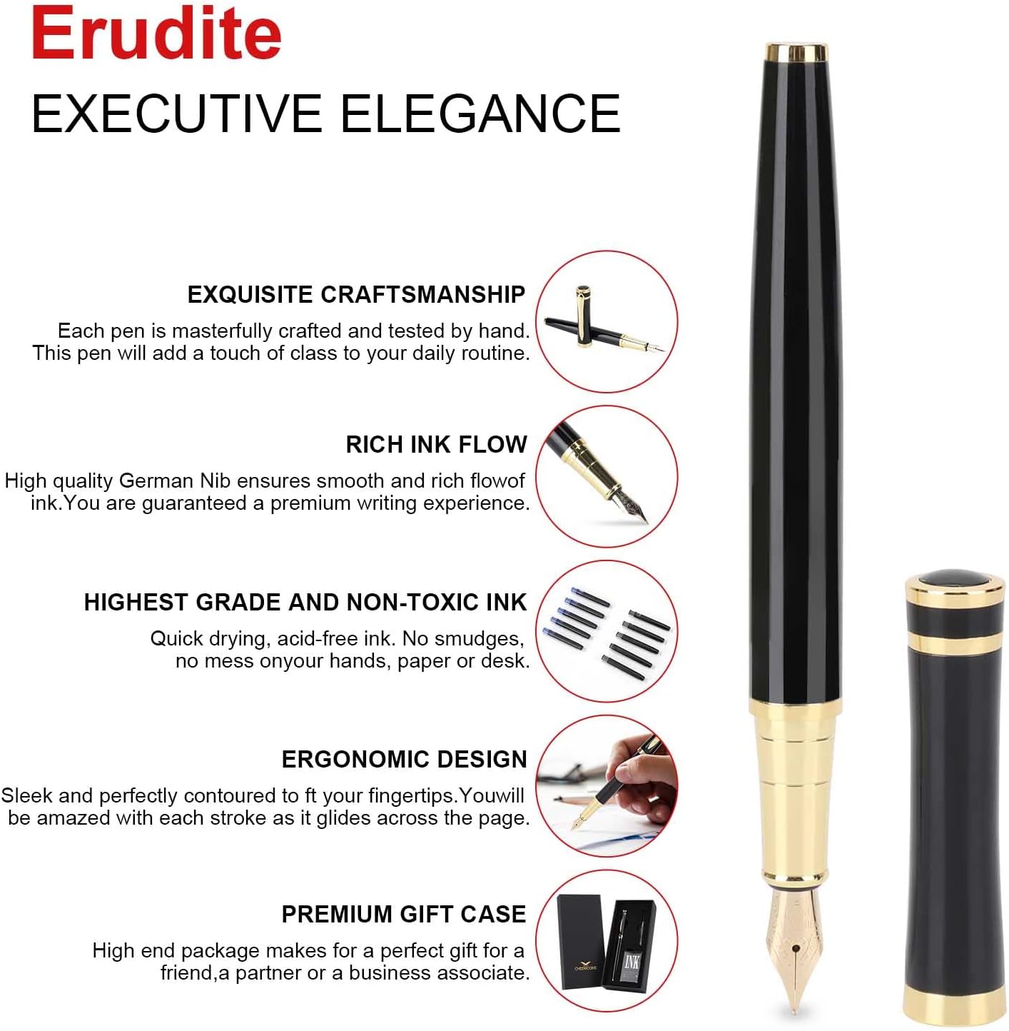 Cheericome Fountain Pen - Ink Pen for Smooth Writing - Exquisite Fountain pen gift set for Men & Women - Fountain Pen Fine Nib，Includes 10 Ink Cartridges and Ink Refill Converter - Black