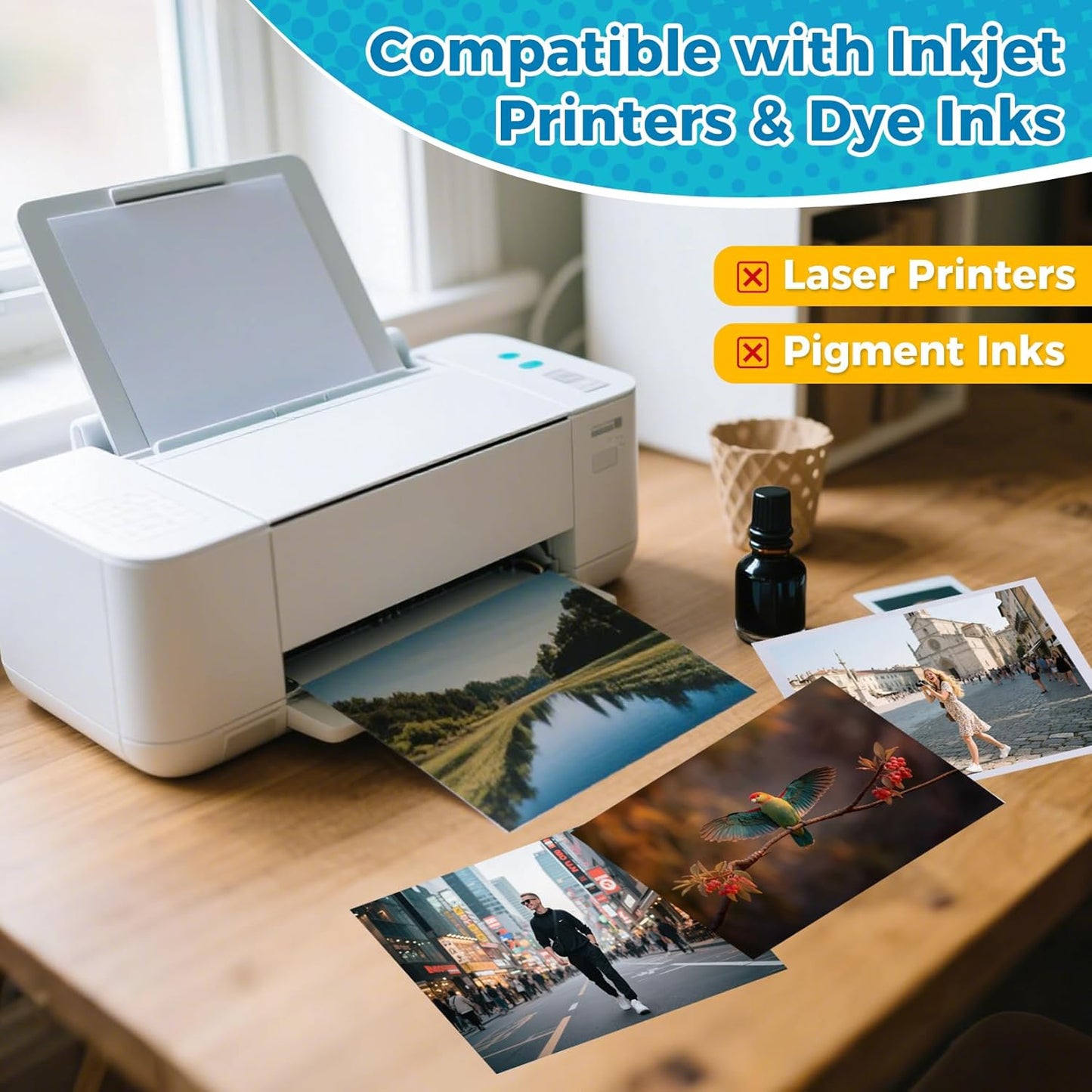 Glossy Photo Paper for Printer - 20 Sheets 8.3 x 11.7 In Inkjet Photo Printer Paper, Instant Dry Single-sided Printing Picture Paper for DIY Picture Wall, Greeting Card, Menu, Brochure, Decors