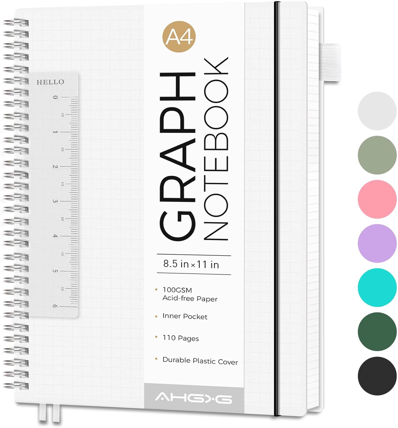 AHGXG Graph Paper Notebook - Spiral Notebook 8.5" x 11", A4 Large Graph Notebook, 100 gsm Thick Grid Paper, Waterproof Plastic Cover Journals for School Writing Engineering Math, Transparent