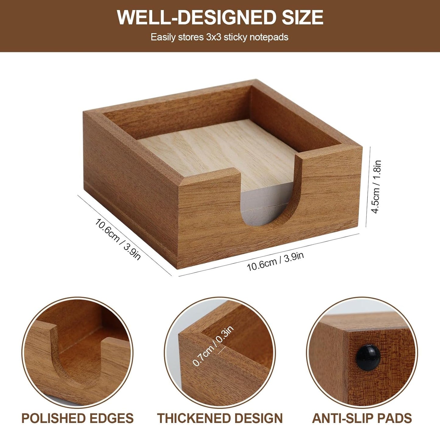 Buqoo Sticky Note Holder, Sapelli Wood Self Stick Note Pad Holders, 4x4 Cube Paper Holder Desk Organizer Suitable for School Home Office Desk Accessories Supplies and Office Desk Decor