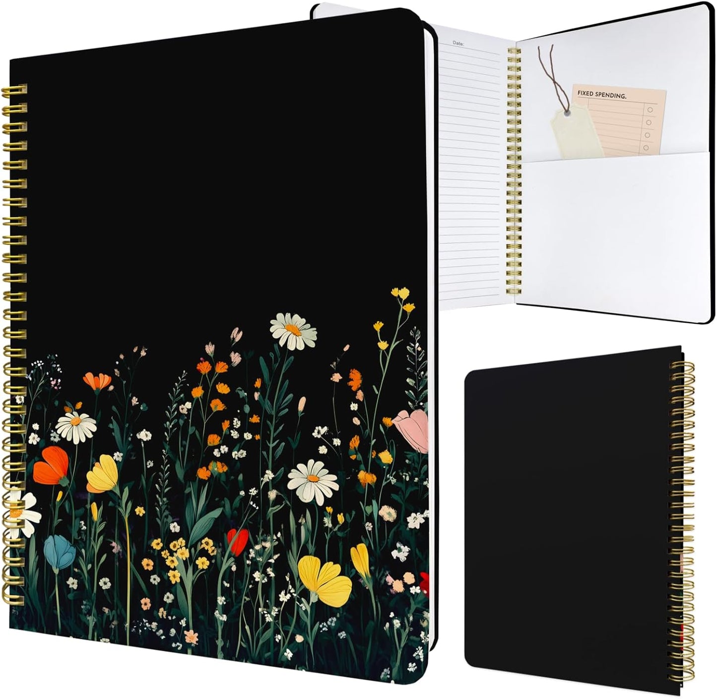 Cute Spiral Notebook journal B5 Aesthetic Pretty Design for Women Girls Kawaii with Pocket, 10 x 7.2 inch, Lined, Black Flower