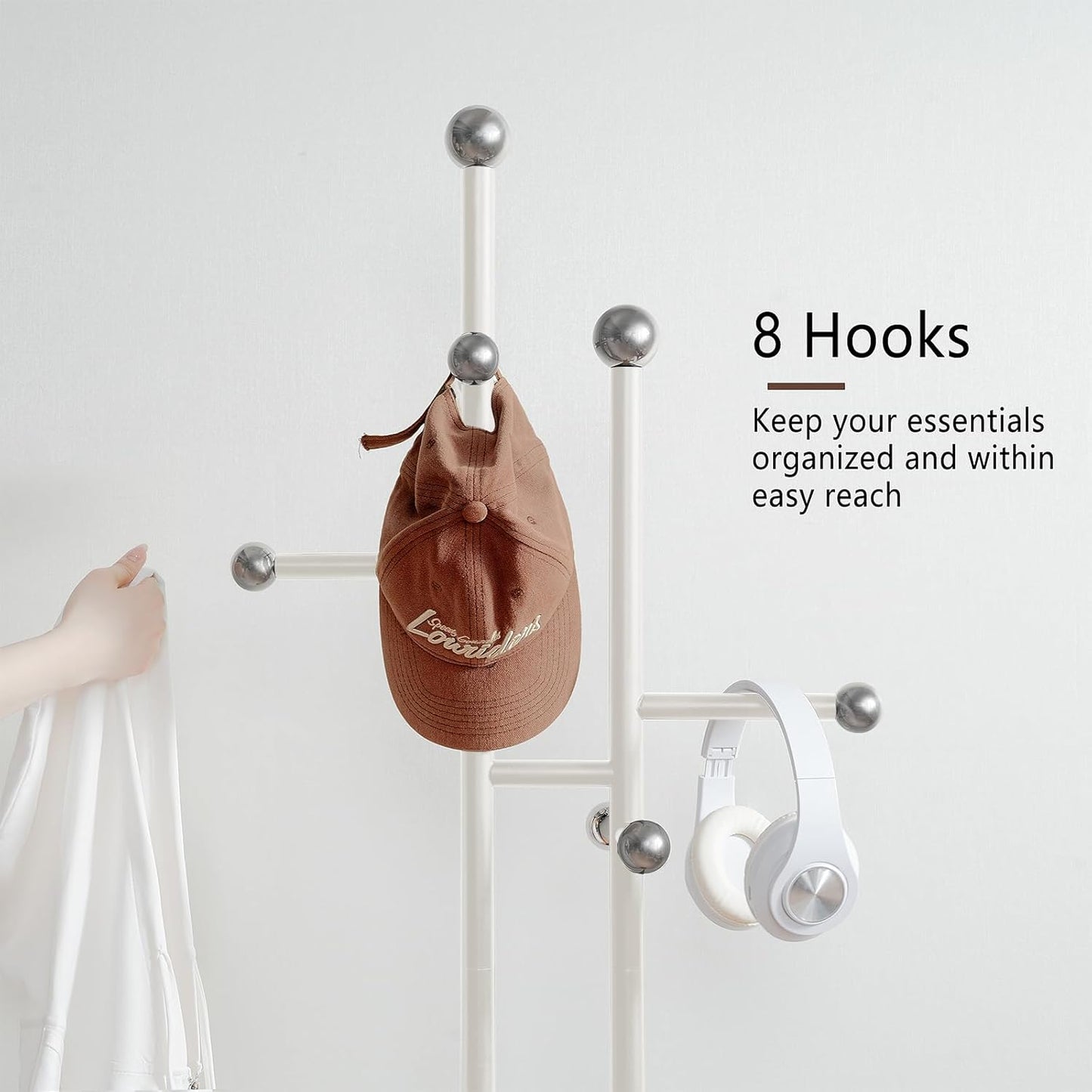 Free Standing Coat Rack with Marble Base & 8 Steel Hooks Clothes Rack for Entryway Bedroom Living Room Hotel 14.96 x 10.24 x 68.9 Inches (White)