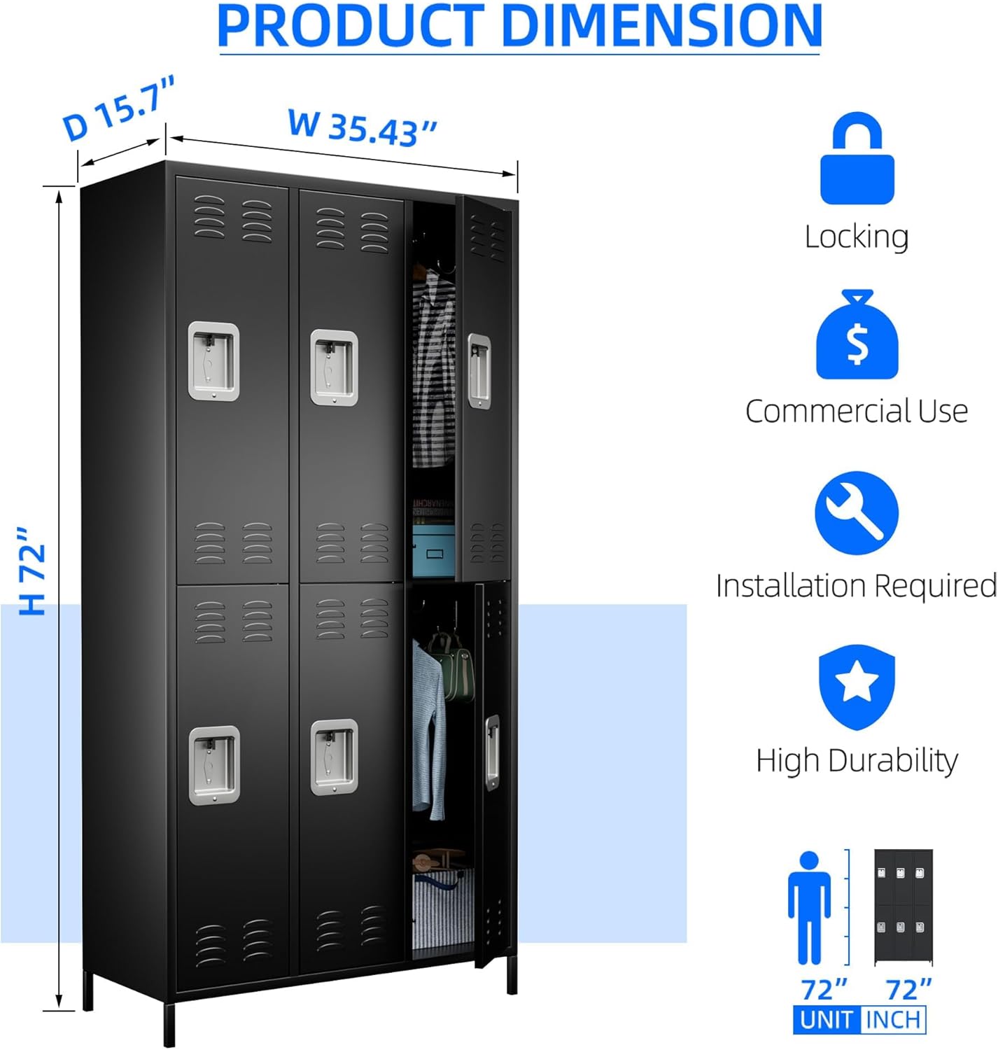 6 Doors Metal Lockers for Employees with Lock, Metal Locker with 18 Hooks for School Garage Office Gym Home,Assembly Required,Black