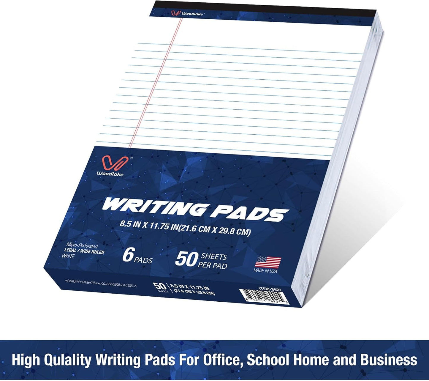 Woodlake Legal Pads 8.5 x 11 , 6 Pack, Wide Ruled Note Pad, Premium 60 GSM White Paper Pad, No Ink Bleed, Micro‑Perforated Notpad, Sturdy Chipboard Back, 50 Sheets/Pad,for School, Office & Home, Made in USA