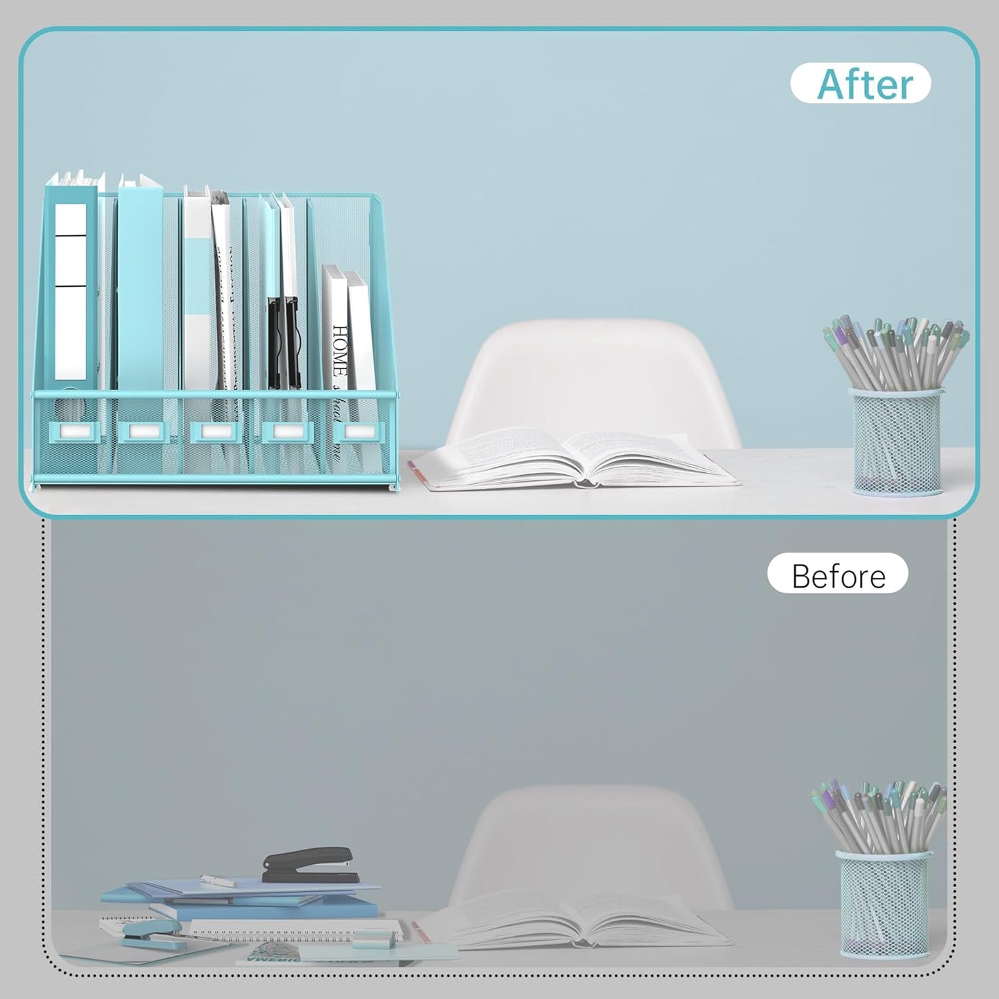 SUPEASY Desk Organizers Metal Desk Magazine File Holder with 5 Vertical Compartments Rack File Organizer for Office Desktop, Home Workspace, Blue Plus