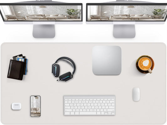 Large Desk Pad Mat - Waterproof Mouse Pad & Desk Protector, Non-Slip XL PU Leather Gaming Mat for Keyboard/Mouse, Stitched Edge with Ergonomic Support, 47"x17" (White)