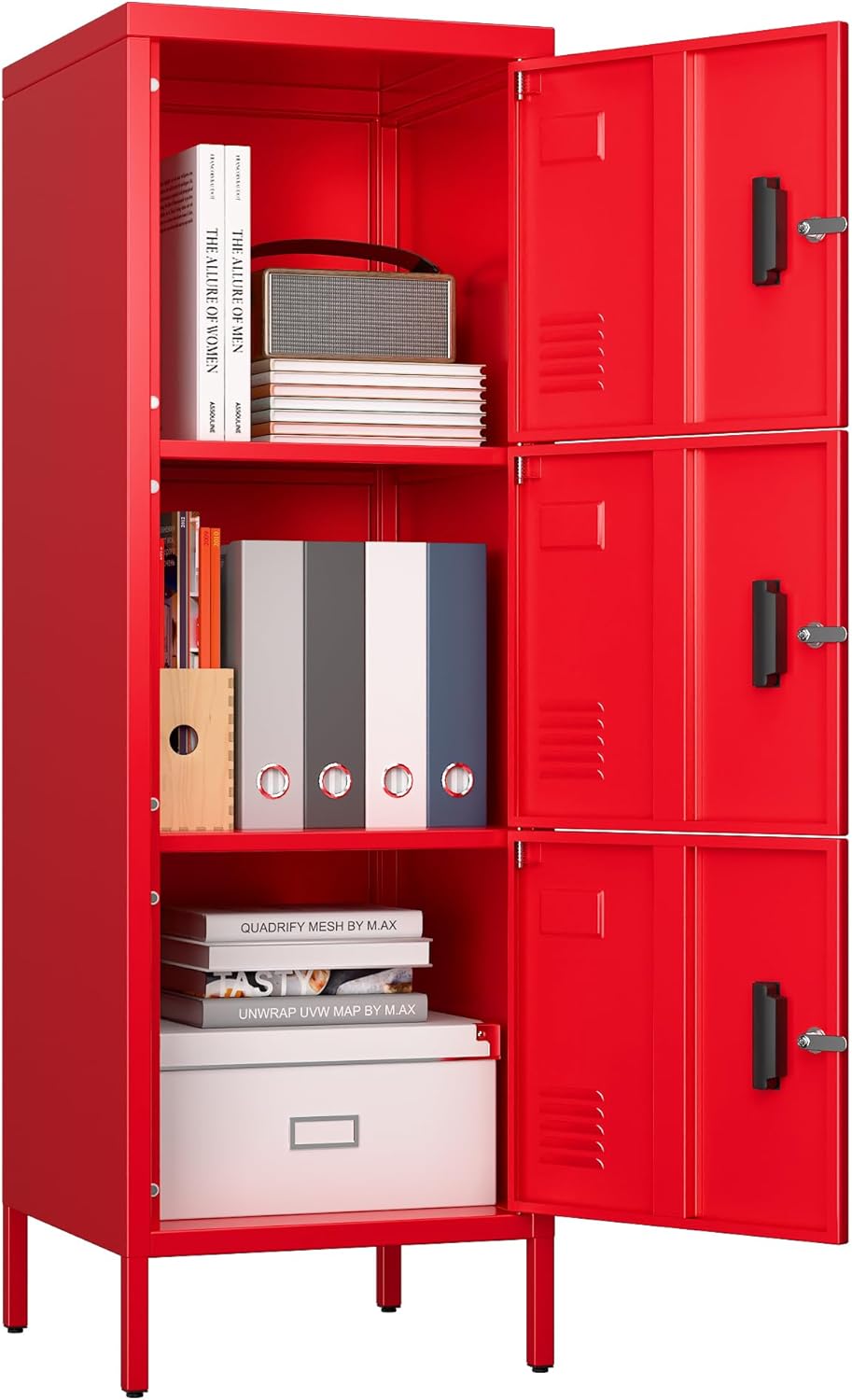 Metal Storage Locker with Ventilation Holes, Metal Storage Locker with Lock and Card Slof for Children Room, School, Office, Home,47.3" H x 15.8" W x 15.8" D,Assembly Required,Red