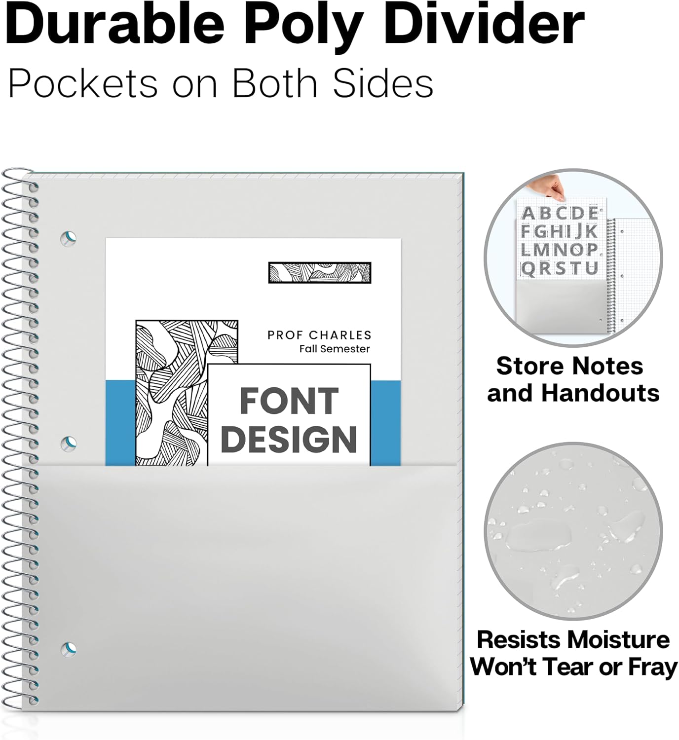 Dunwell Graph Paper Notebook 8.5 x 11 (3-Pack Red Blue Black) Plastic Cover, 100 Sheets (200 Pages), Perforated 3-Hole Punched, 4x4 Squares, Spiral Notebook, 1/4" Grid, Divider with Pockets