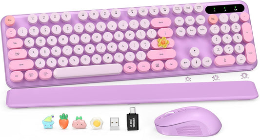Wireless Keyboard and Mouse Combo-Round Keycaps, Full-Size Retro Typewriter Keyboard with Detachable Wrist Rest, Sleep Mode & Tilt Legs, 2.4GHz Cordless Connection for Mac/Windows/PC (Lavender Purple)