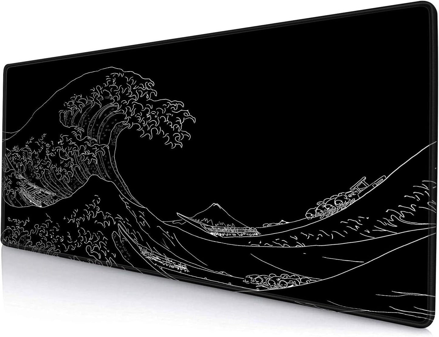 Large Mouse Pad Gaming, Extended Mousepad with Stitched Edges, Non-Slip Rubber Base Keyboard Desk Mat Mouse Pads for Work, Game, Office, Home, 31.5 x 11.8 in, Black Wave of Kanagawa