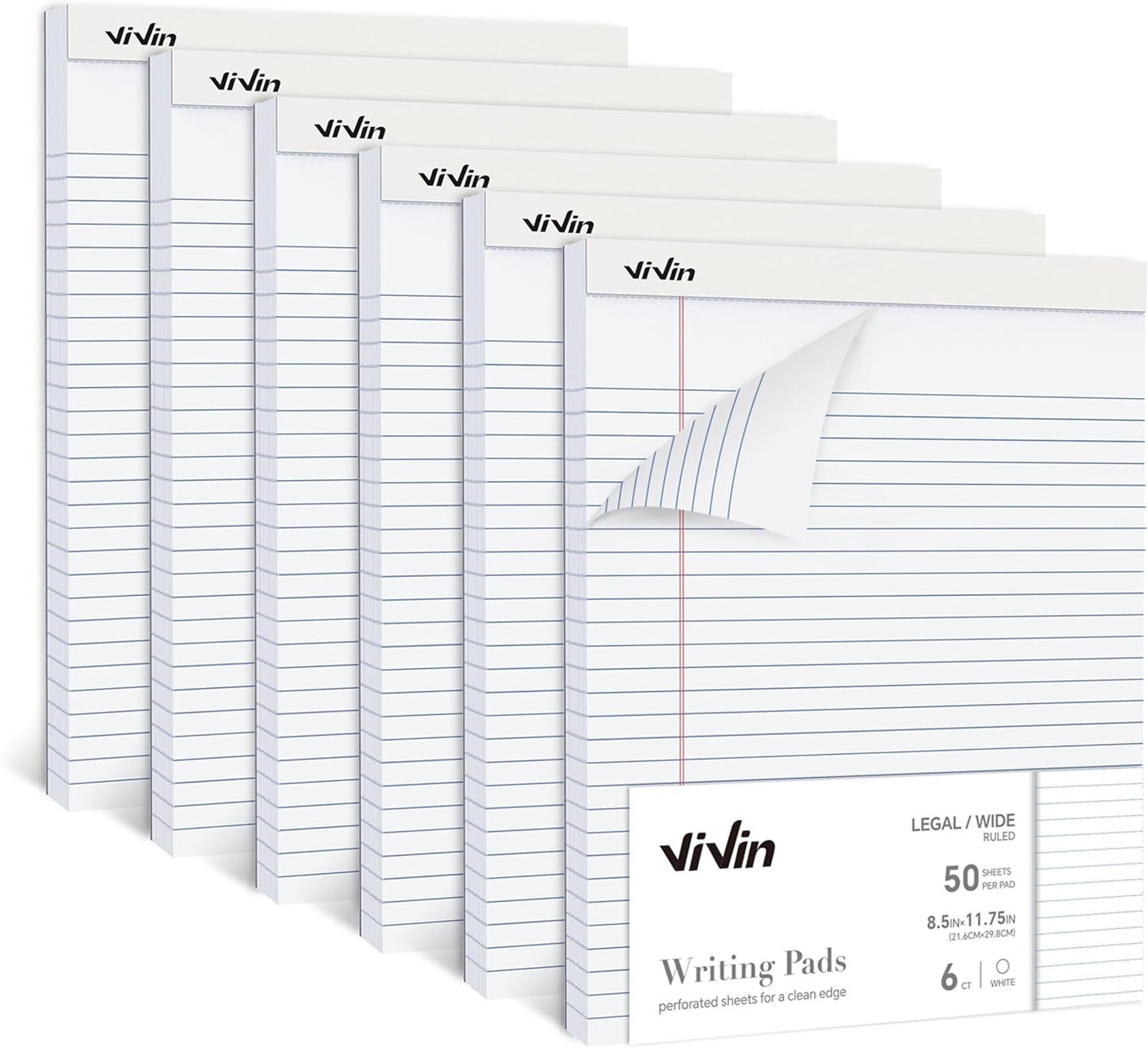 ViVin Legal Pads 8.5 x 11 Inch, Wide Ruled Note Pads, 6 Pack, 50 Sheet/Pad, Perforated Writing Pads, Notepads for Office Home School, 300 Sheets, White Paper