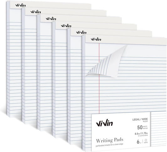ViVin Legal Pads 8.5 x 11 Inch, Wide Ruled Note Pads, 6 Pack, 50 Sheet/Pad, Perforated Writing Pads, Notepads for Office Home School, 300 Sheets, White Paper