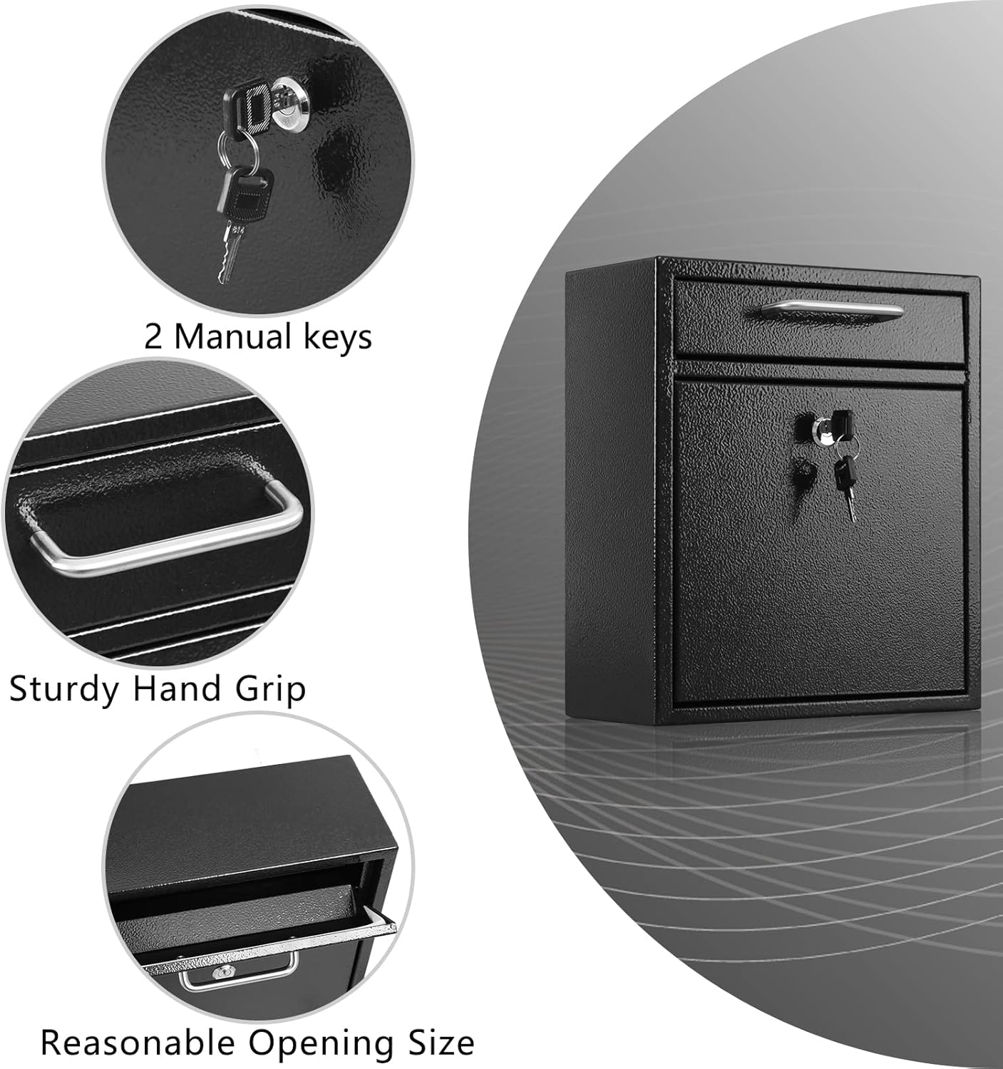 xydled Steel Mailbox Wall Mount, Medium Locking Mailbox with Key Lock, Lock Mail Boxes for Outside, Security Key Drop Box, Collection Boxes, 13.4H x 11.6L x 5.6W Inches, Black, Large