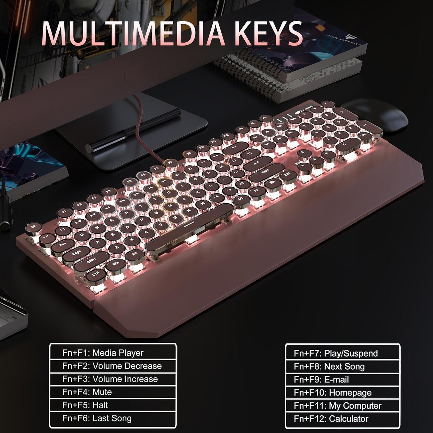 Camiysn Typewriter Style Mechanical Gaming Keyboard, Pink Retro Punk Gaming Keyboard with White Backlit, 104 Keys Blue Switch Wired Cute Keyboards, Round Keycaps for Windows/Mac/PC