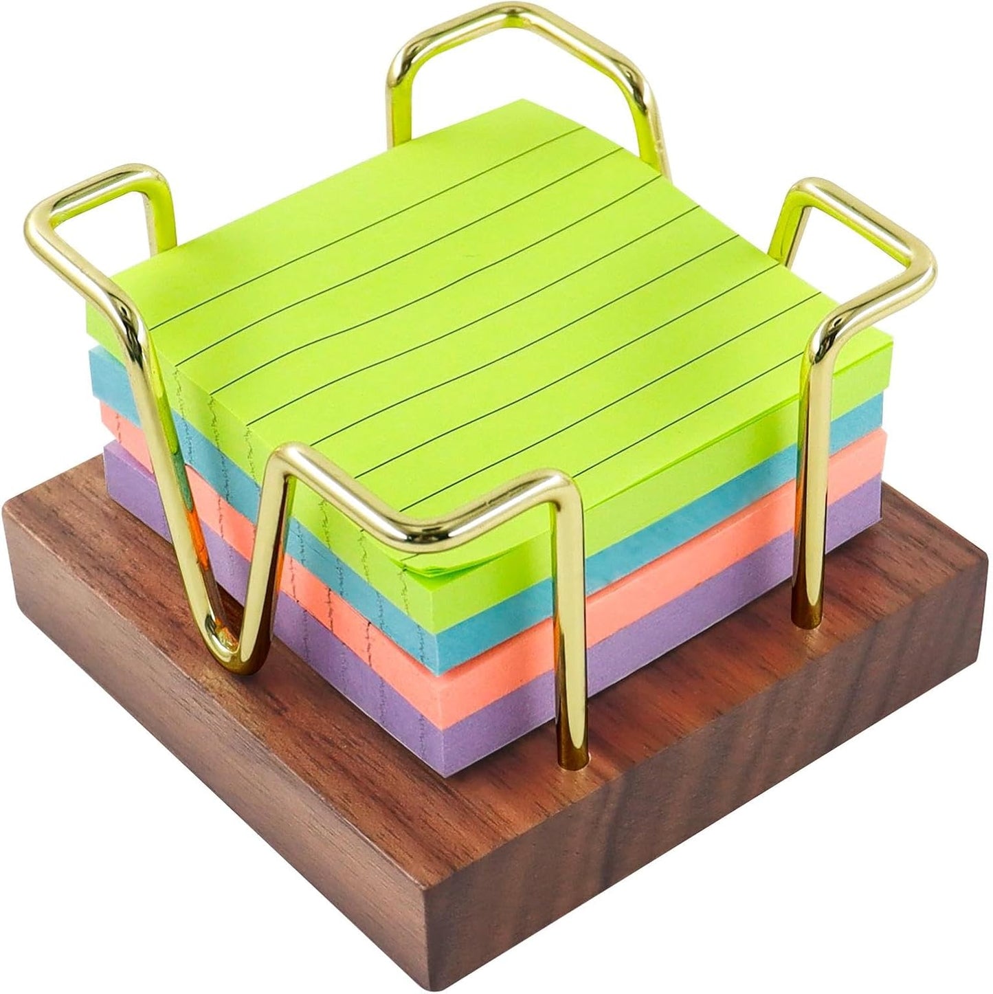 Multibey Walnut Sticky Note Holder, Self-Stick Note Pad Holder for Desk, Wood and Gold Metal Wire Notepad Dispenser, Desktop Organizer for Post Its, Office Supplies