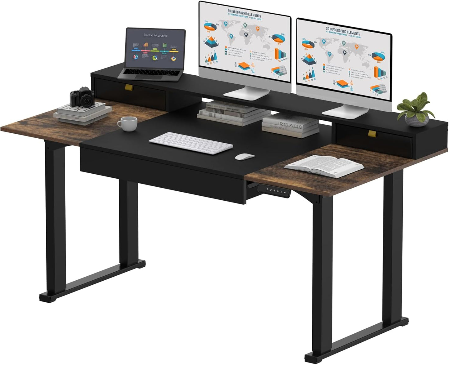 SANODESK Electric Standing Desk with Drawers, 63 x 32 inch Height Adjustable Computer Desk, Home Office Stand Up Desk with 3 Preset Heights, Black