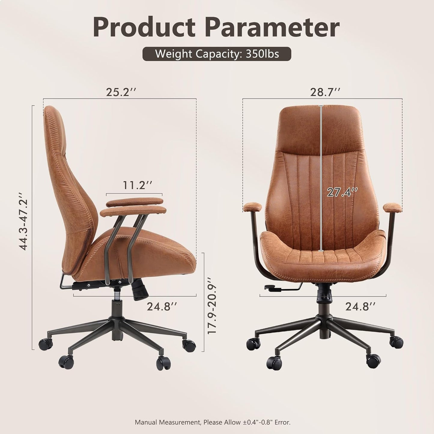 Mid Century Modren Office Chair - High Back Swivel Executive Chair with Lumbar Support,Ergonomic Computer Desk Chair with Wheels,Faux Lether Suede Task Chair,350lbs (Brown, High Back)