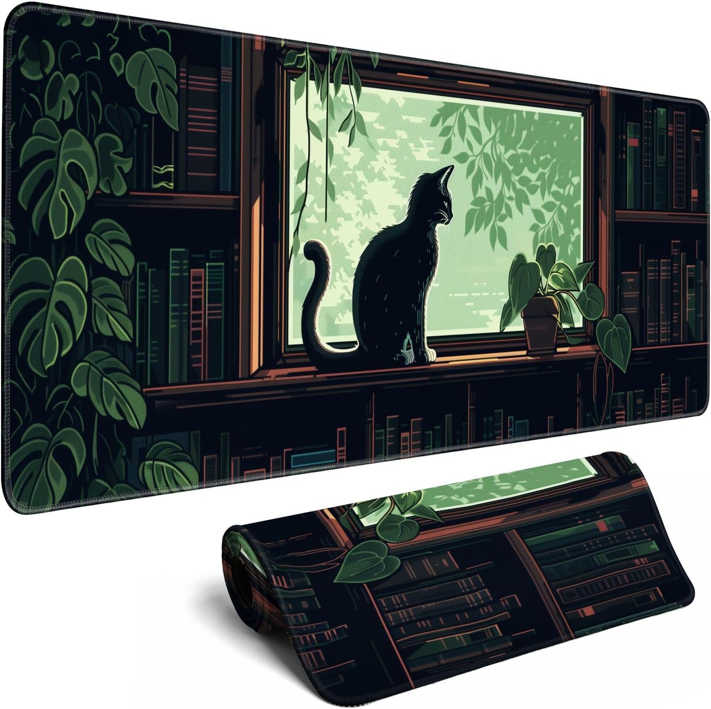 XL Mouse Pad Gaming Kawaii Cute Pixel Cat Outdoor Extra Large Mousepad (31.5x11.8 in), Green Desk Mat Anime Pad Home Office Decor Mouse Pad Stitched Edges Smooth Surface Non-Slip Bottom Mat