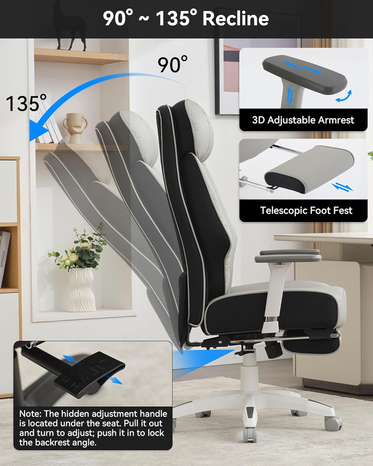 DJ·Wang Big and Tall Office Chair 400lbs with Foot Rest, High Back Executive Office Chair with Extra-Thick Spring Cushion, Ergonomic Leather Chairs Gray