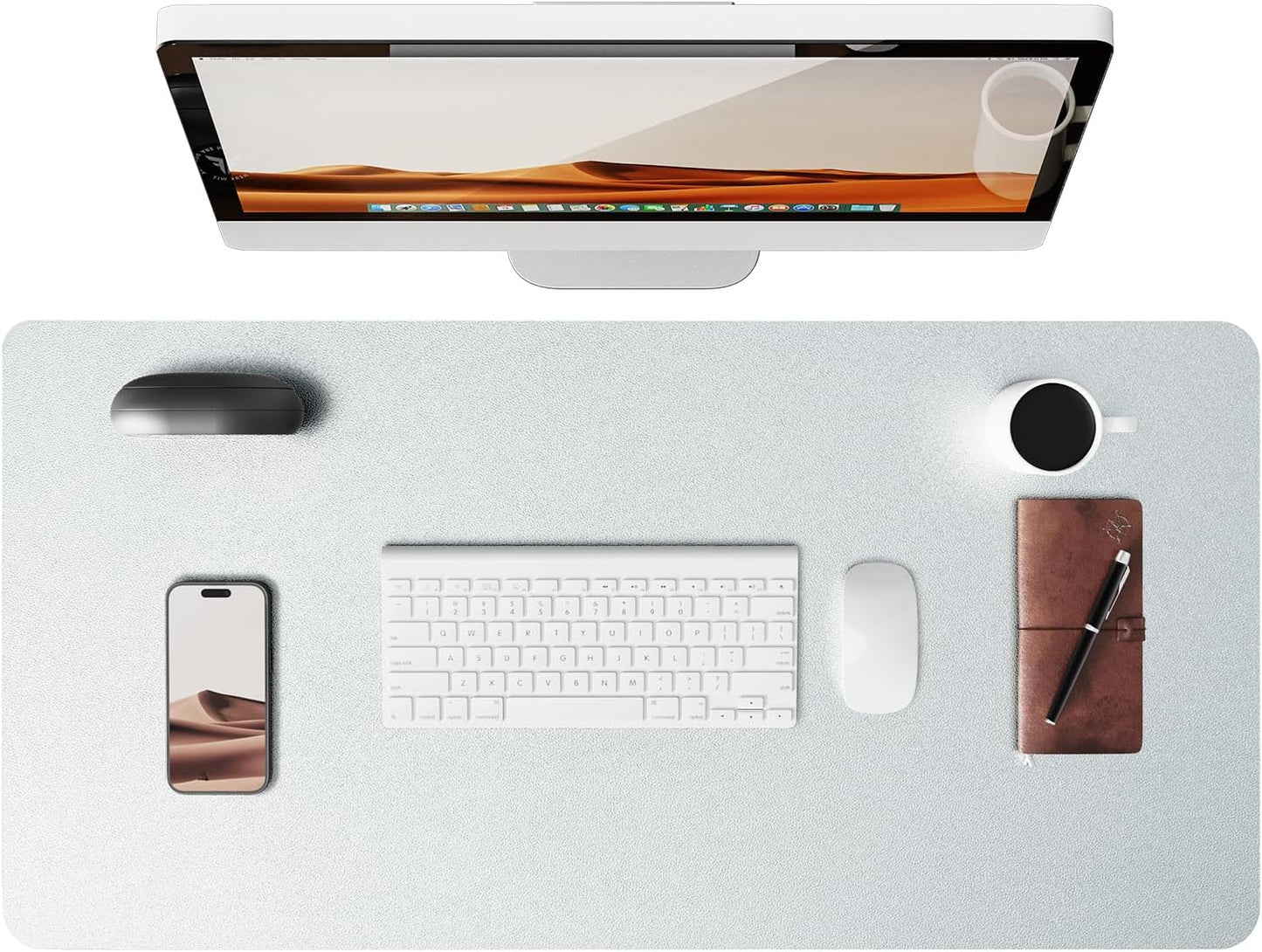 YSAGi Leather Desk Pad Protector, Office Desk Mat, Large Mouse Pad, Non-Slip PU Leather Desk Blotter, Laptop Desk Pad, Waterproof Desk Writing Pad for Office and Home (Silver, 31.5" x 15.8")