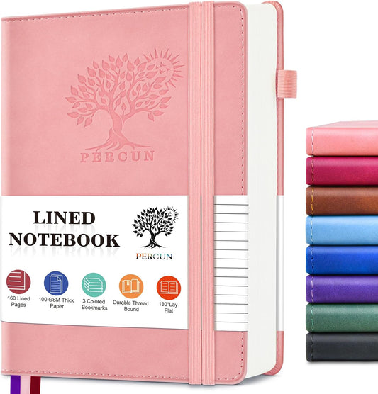 PERCUN Lined Journal Notebook for Men & Women, 160 Pages College Ruled Journal for Writing, A5 Hardcover Leather Notebooks for Work, School, Business, Travel, Daily Diary 5.9" x 8.5" - Pink
