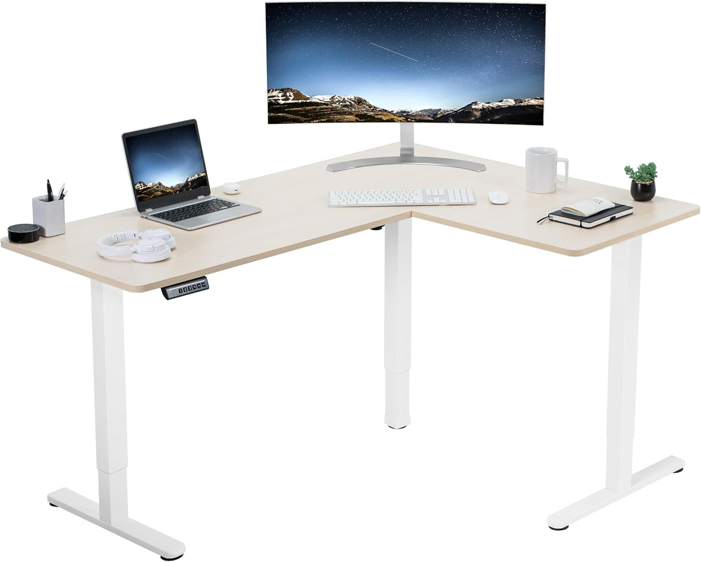 VIVO Electric Corner L-Shaped 63 x 47 in Standing Desk, Memory Height Adjustment, Light Wood Top White Frame, DESK-E3CTWC-47