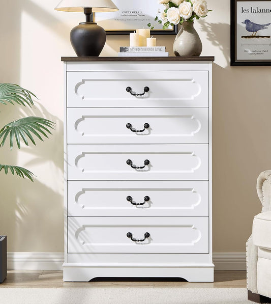 LIDYUK 5 Drawer Dresser for Bedroom Farmhouse White Wood Chest of Drawers for Bedroom Dresser, Rustic 46" Tall Wide Drawers Dressers Wooden Closet Storage Cabinet, Hallway, Living Room