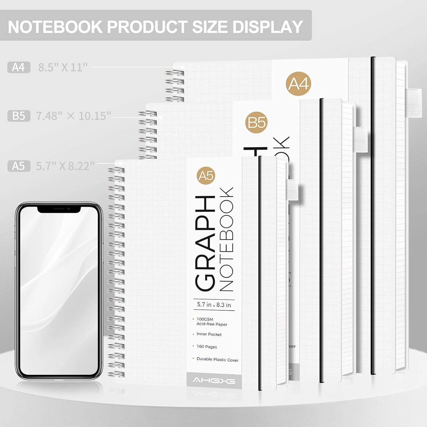 AHGXG Graph Paper Notebook - Spiral Notebook Journal 7.6" x 10", B5 Large Graph Notebook, 140 Pages, 100 gsm Thick Grid Paper, Waterproof Plastic Cover, for School Writing Engineering, Transparent
