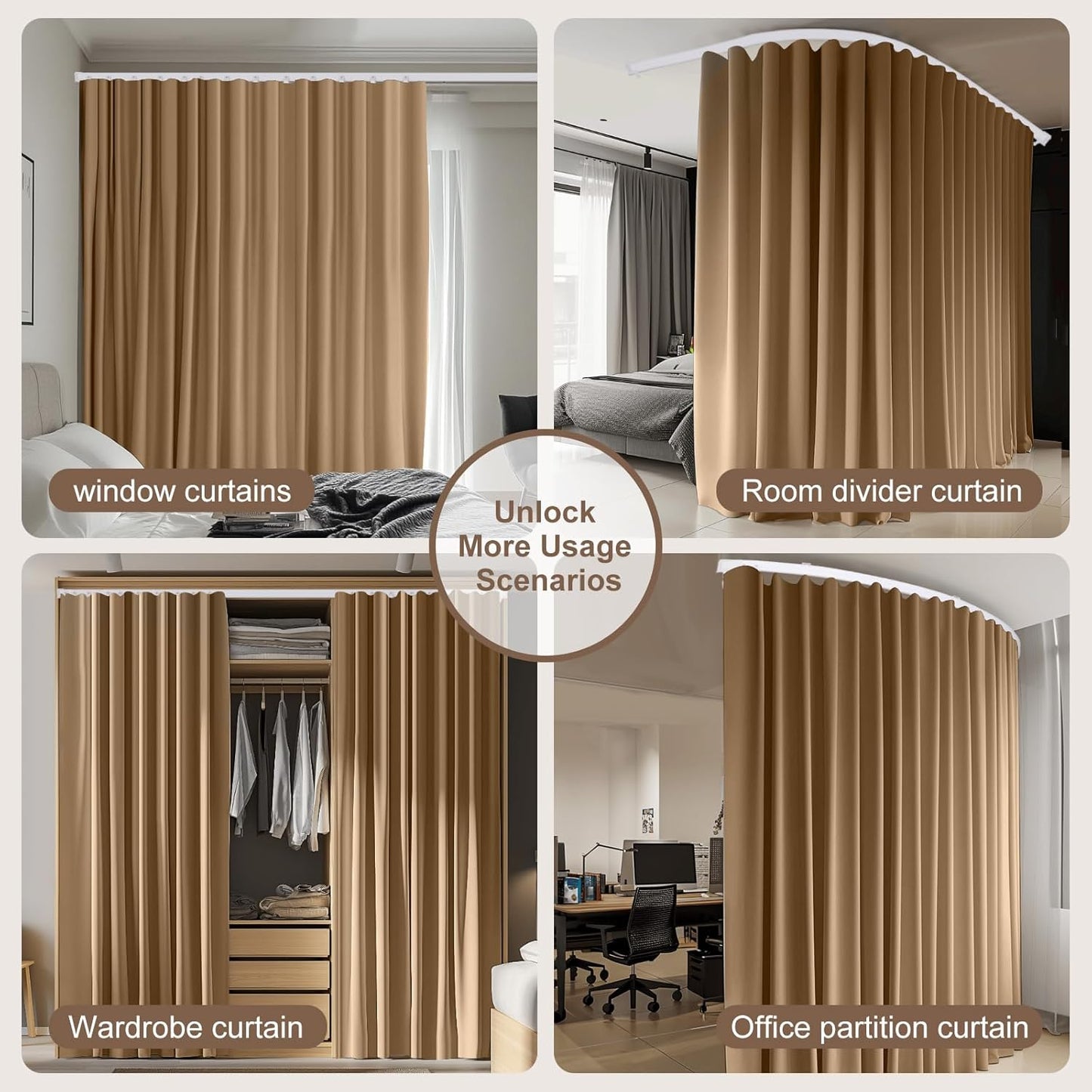 Room Divider Curtains & Flexible Bendable Tracks Set,Privacy Dividers Ceiling Track Curtain Window Blackout Curtains for Living Room Bedroom (W120 × H84 in 1 Panel Khaki Drape & White Rail)
