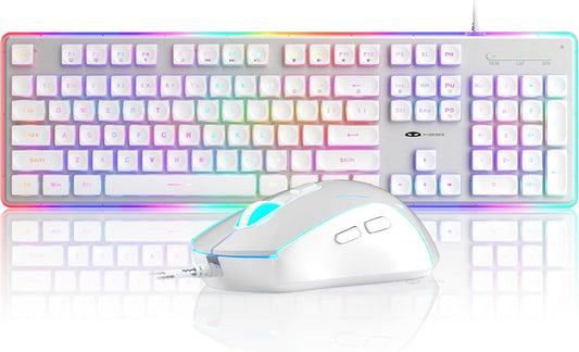 Camiysn Gaming Creamy Keyboard and Mouse, White 104 Keys RGB and 6 Speed RGB Mouse Combo, Pudding Keycaps Silent Computer Keyboard for Computer/PC/Laptop/Mac/Windows/Office