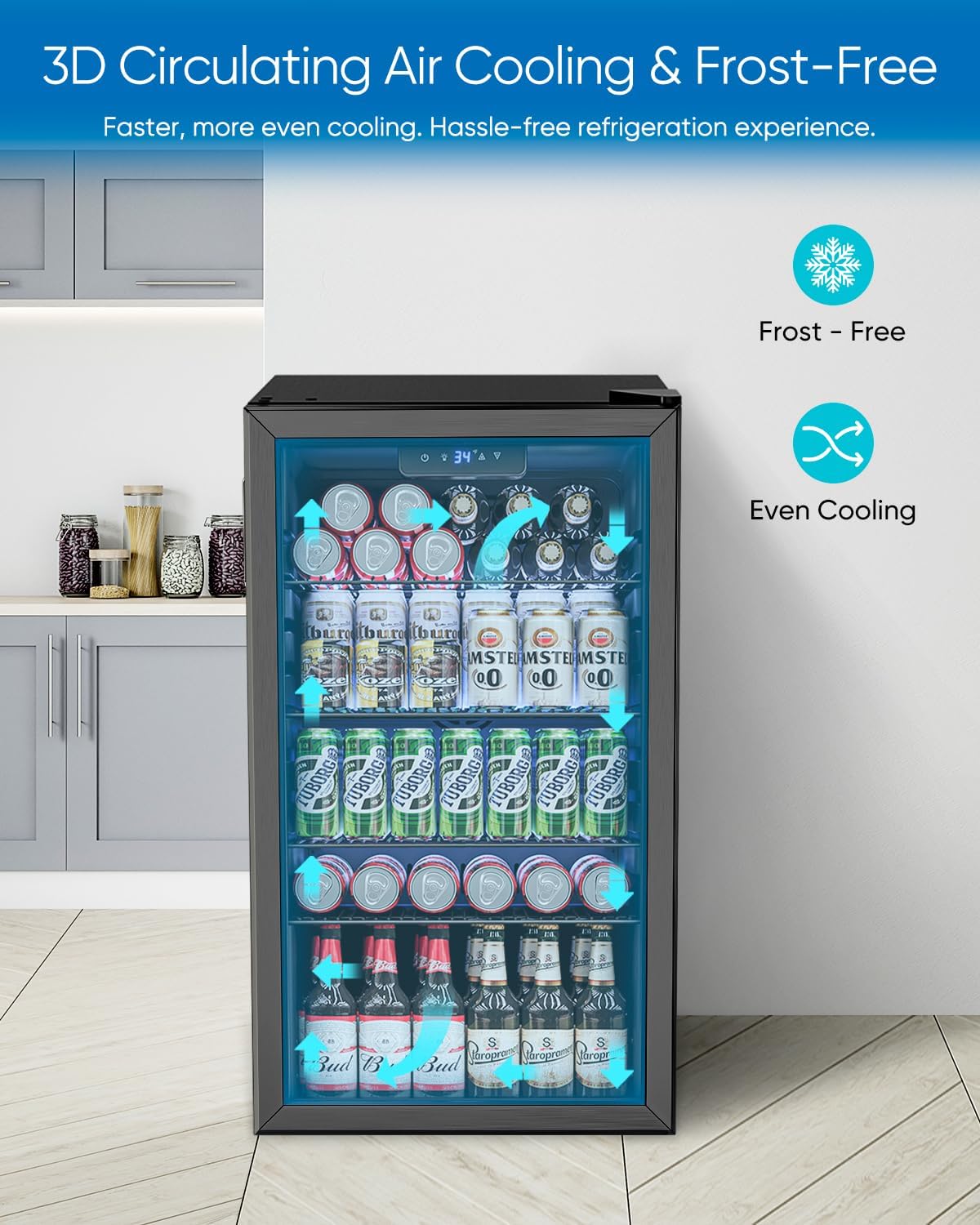 Beverage Refrigerator and Cooler - 126 Can Mini Fridge Glass Door for Soda Beer Wine - Freestanding Beverage Fridge for Bedroom Office Bar, 4 Adjustable Shelves, 3.2 Cu.Ft, Black