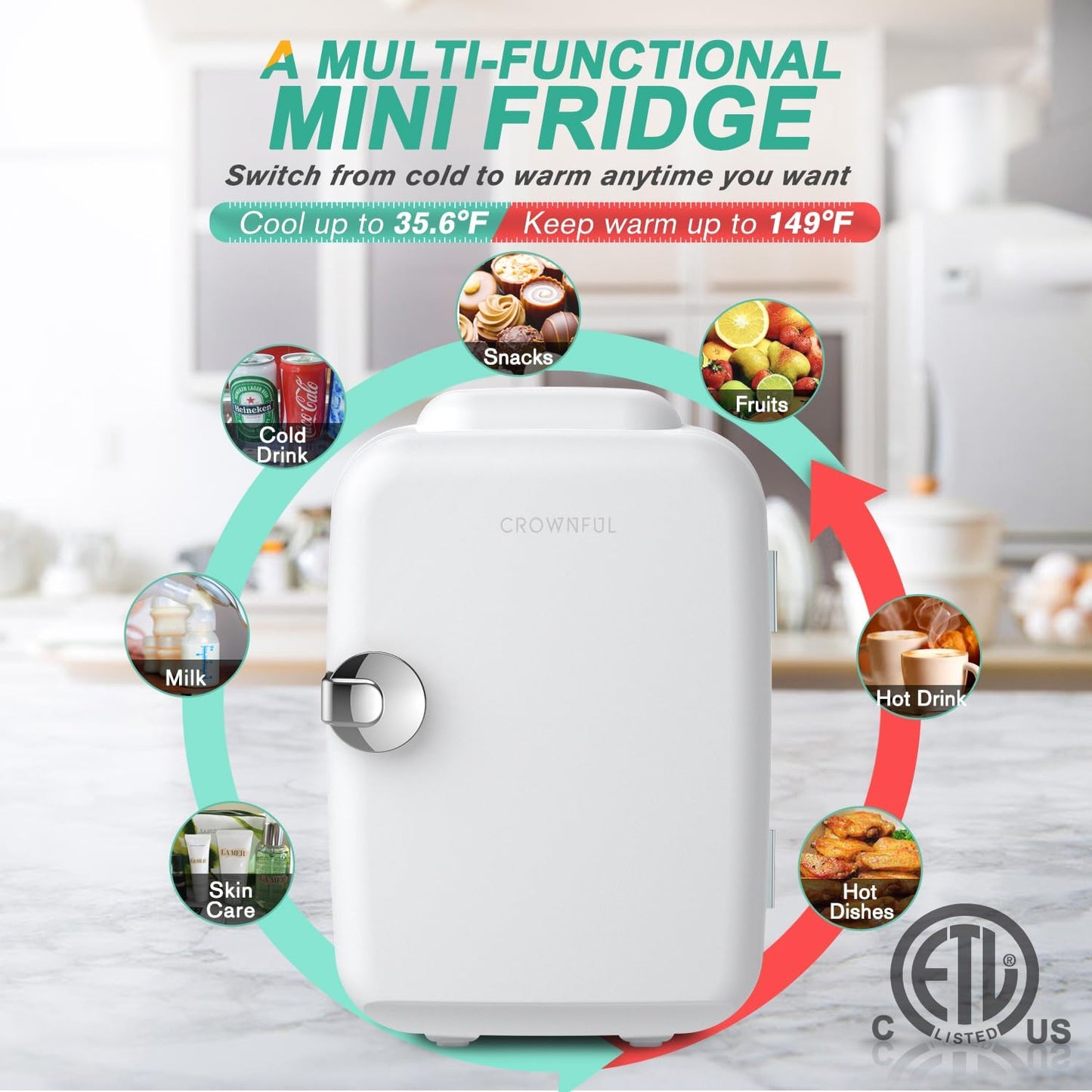 CROWNFUL Mini Fridge, 4 Liter/6 Can Portable Cooler and Warmer Personal Refrigerator for Skin Care, Cosmetics, Beverage, Food,Great for Bedroom, Office, Car, Dorm, ETL Listed (White)