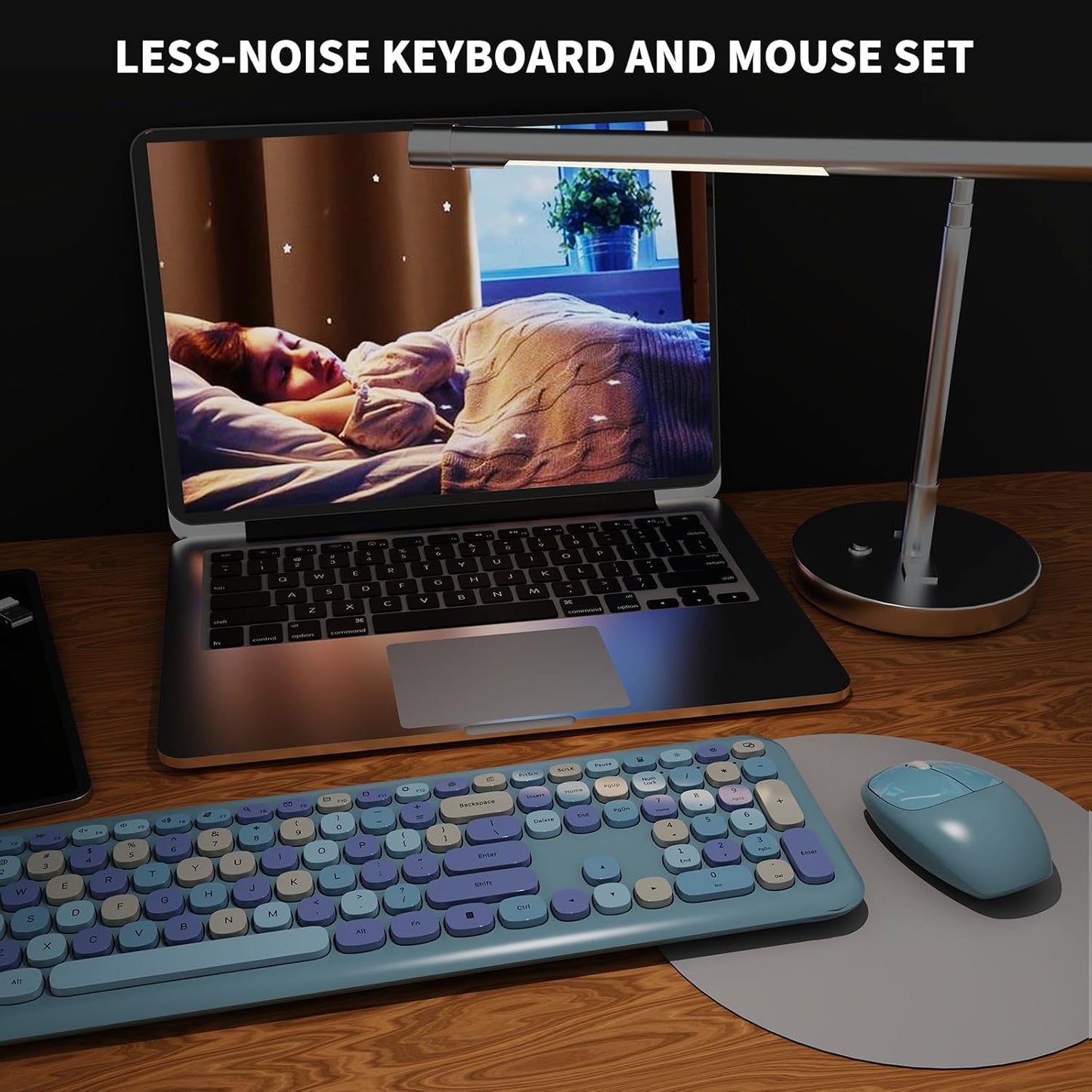 Wireless Keyboard and Mouse Combo, Colorful Ergonomic Full Size Retro Low-Noise Keyboard with Cute keycaps, Compatible with Windows, PC, Perfer for Home and Office Keyboards (Blue)