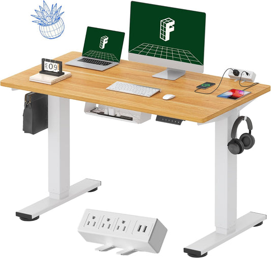 FLEXISPOT EN2 Whole-Piece Standing Desk with Clamp Power Strip, 48 x 24 Electric Stand Up Height Adjustable Desk with Cable Management (White Frame + 48" Maple Top)