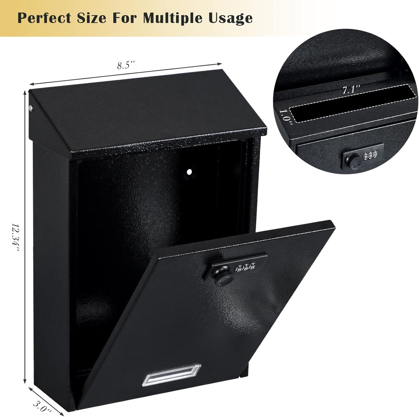 xydled Mail Boxes with Combination Lock,Locking Mailbox Wall Mounted,Large Capacity,Steel Cover Metal Postbox for House, 12.4×8.5×3 Inch, Black